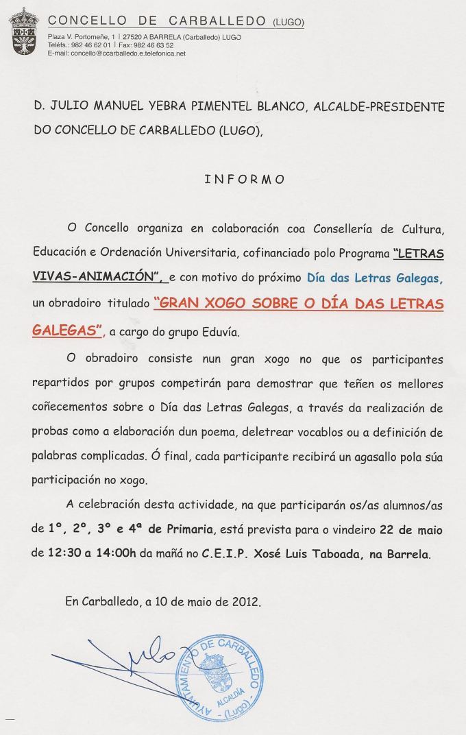 GRAN XOGO SOBRE O D�A DAS LETRAS GALEGAS