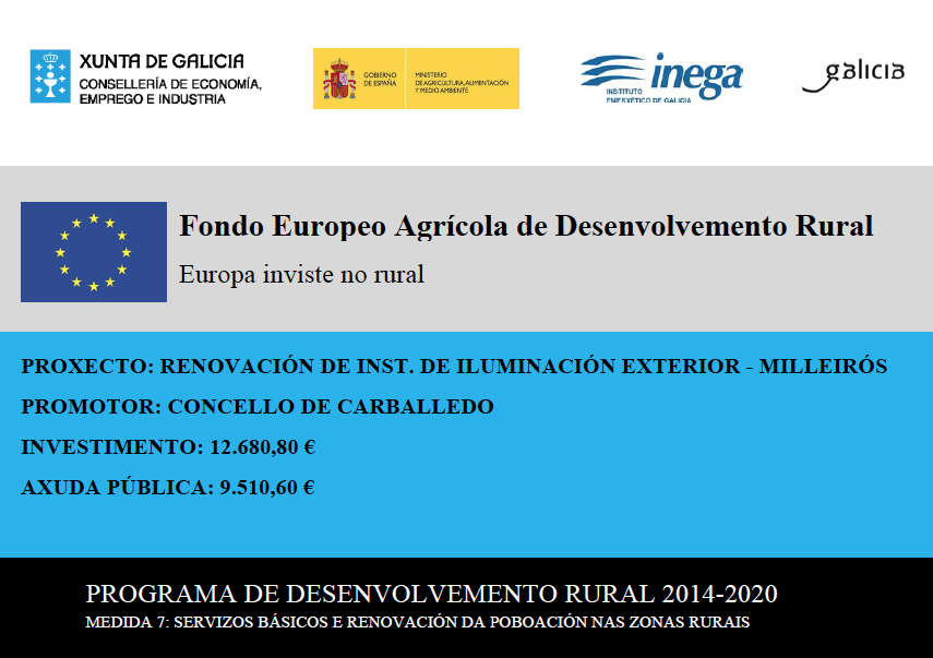 OBRAS DE RENOVACIN DAS INSTALACINS DE ALUMEADO PBLICO DO CONCELLO DE CARBALLEDO EN MILLEIRS, SUBVENCIONADAS CON CARGO AO FONDO EUROPEO AGRCOLA E DESENVOLVEMENTO RURAL (FEADER) NO MARCO DO PDR DE GALICIA 2014-2020.            